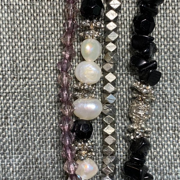 Four Strand Cultured Pearl/Black/Silvertone Necklace. 20" (315) - Picture 2 of 3